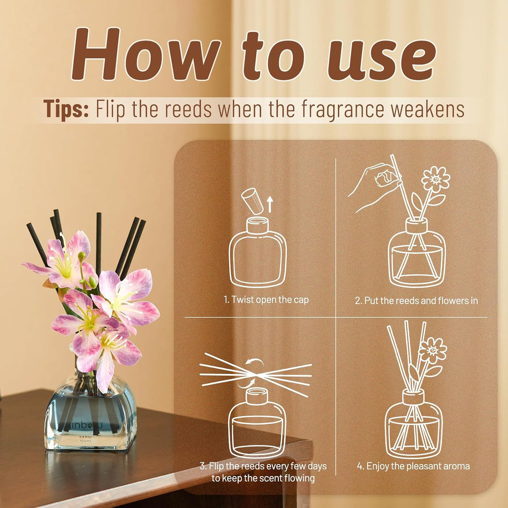 Flower Reed Diffuser Set, Home Fragrance With Vanilla Essential Oil And Scent Sticks, Air Freshener For Bedroom, Living Room, Office Or Bathroom Decor 3.4 Oz