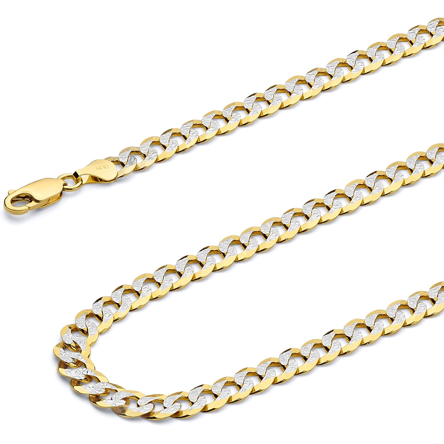 14k REAL Yellow/White/Two Tone Gold Solid 14mm, 12mm, 9.5mm, 8mm, 7mm, 6mm, 5mm, 4mm, 3mm, 2.5mm, 2mm Cuban Concave Curb Chain Necklace/Bracelet