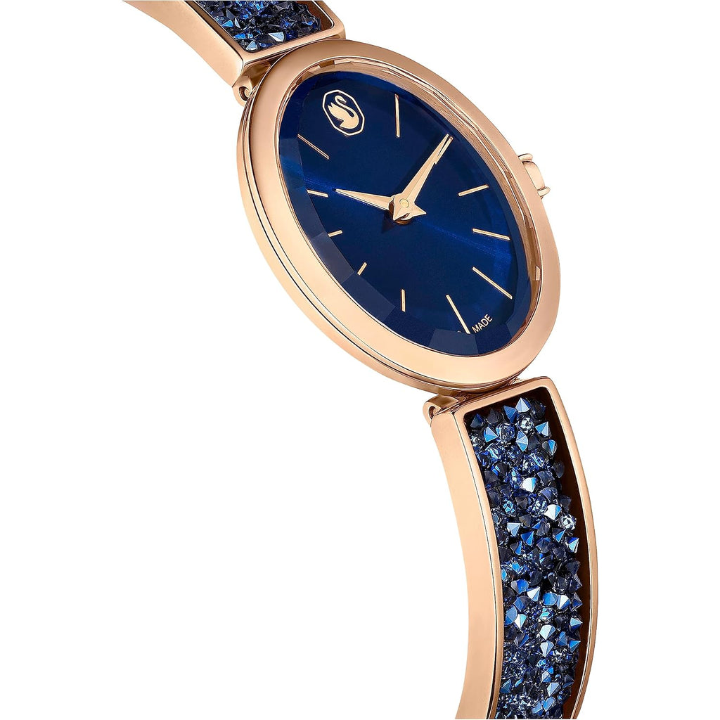 Swarovski Crystal Rock Oval Watch, Metal Bracelet, Blue, Rose Gold-Tone Finish, Swiss Made, Part Of The Crystal Rock Watch Collection