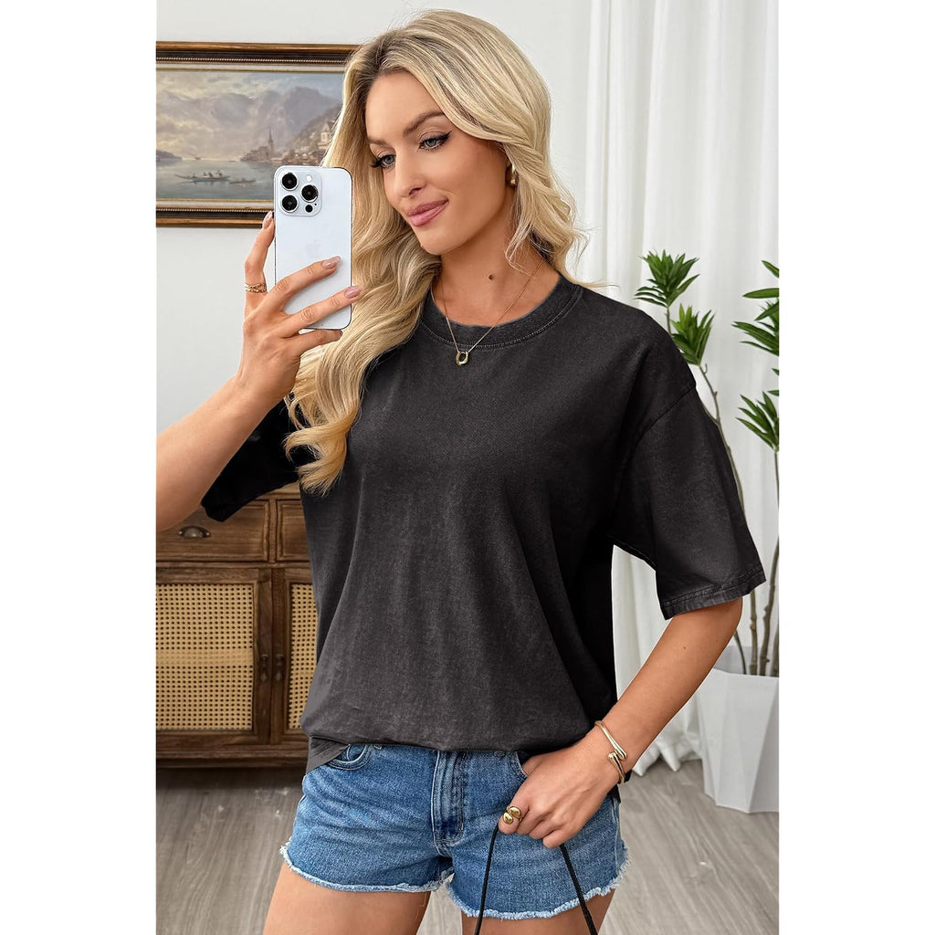Shewin Oversized Wash Out Fabric Tee Shirts Trendy Cotton Tops Casual Work Tshirt 2026