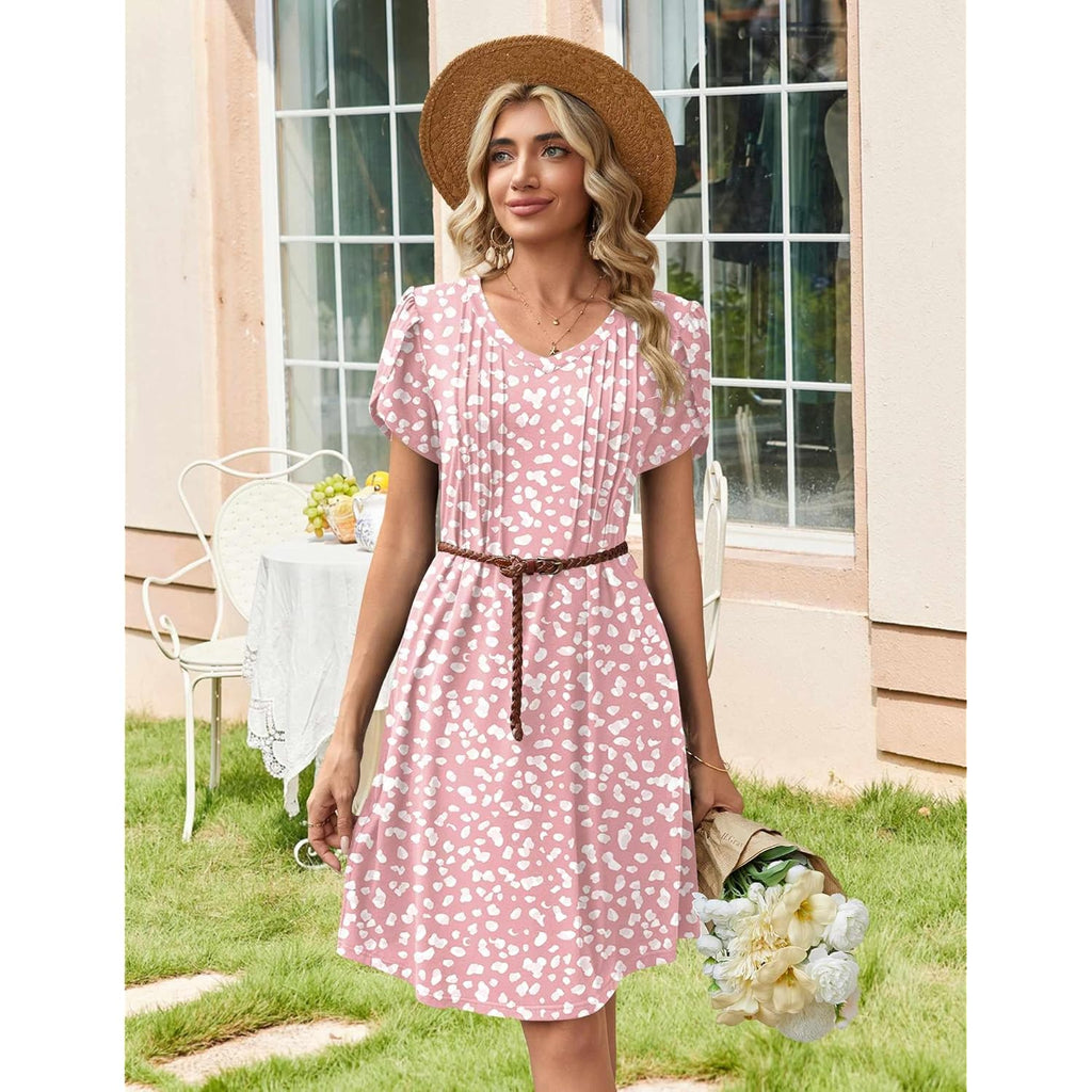Summer Dresses for Women Casual A Line Dress 2026 V Neck Short Dresses Floral Sundress Pleated Boho Dress