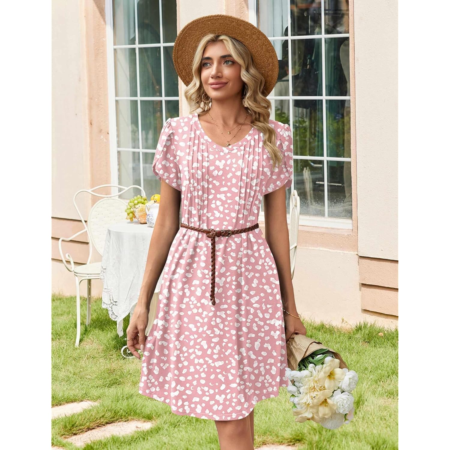 Summer Dresses for Women Casual A Line Dress 2026 V Neck Short Dresses Floral Sundress Pleated Boho Dress
