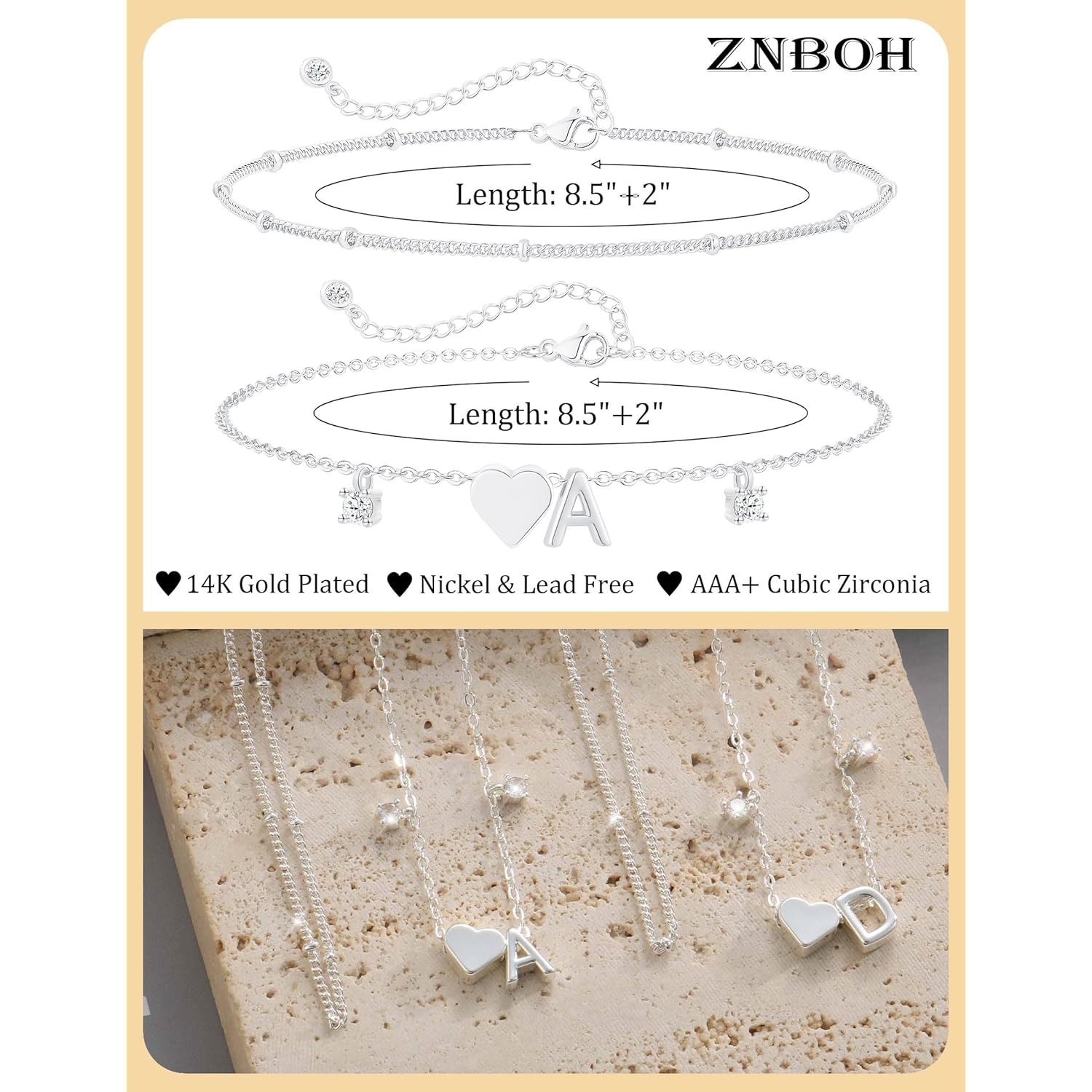 Silver Ankle Bracelets For Women 14k Gold Plated Initial Anklets For Women Waterproof Non Tarnish Dainty Layered CZ Letter A-Z Heart Charm Anklet Set Summer Beach Foot Chain Jewelry Gift
