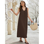 Livtany Women'S Scoop Neck Ruched Maxi Dress Flowy Swing Wide Straps Long Dress Casual Sleeveless Sundress With Side Pockets