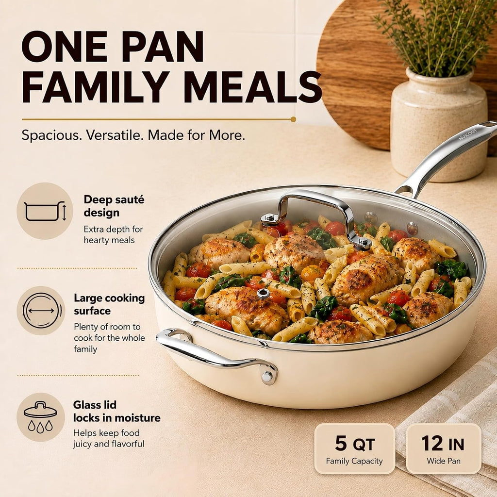 Kikcoin 12 Inch Ceramic Nonstick Frying Pan With Lid, 5 Qt Deep Saute Pan For Cooking, Induction Ready Skillet With Stay Cool Handle, Pfas/Ptfe/Pfoa Free, Oven & Dishwasher Safe