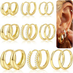 9 Pairs Gold Huggie Hoop Earrings Sets for Women, 14K Gold Plated Small Hoop Earring Sets for Multiple Piercing, Hypoallergenic Thick Lightweight Earring for Womens Jewelry Gifts
