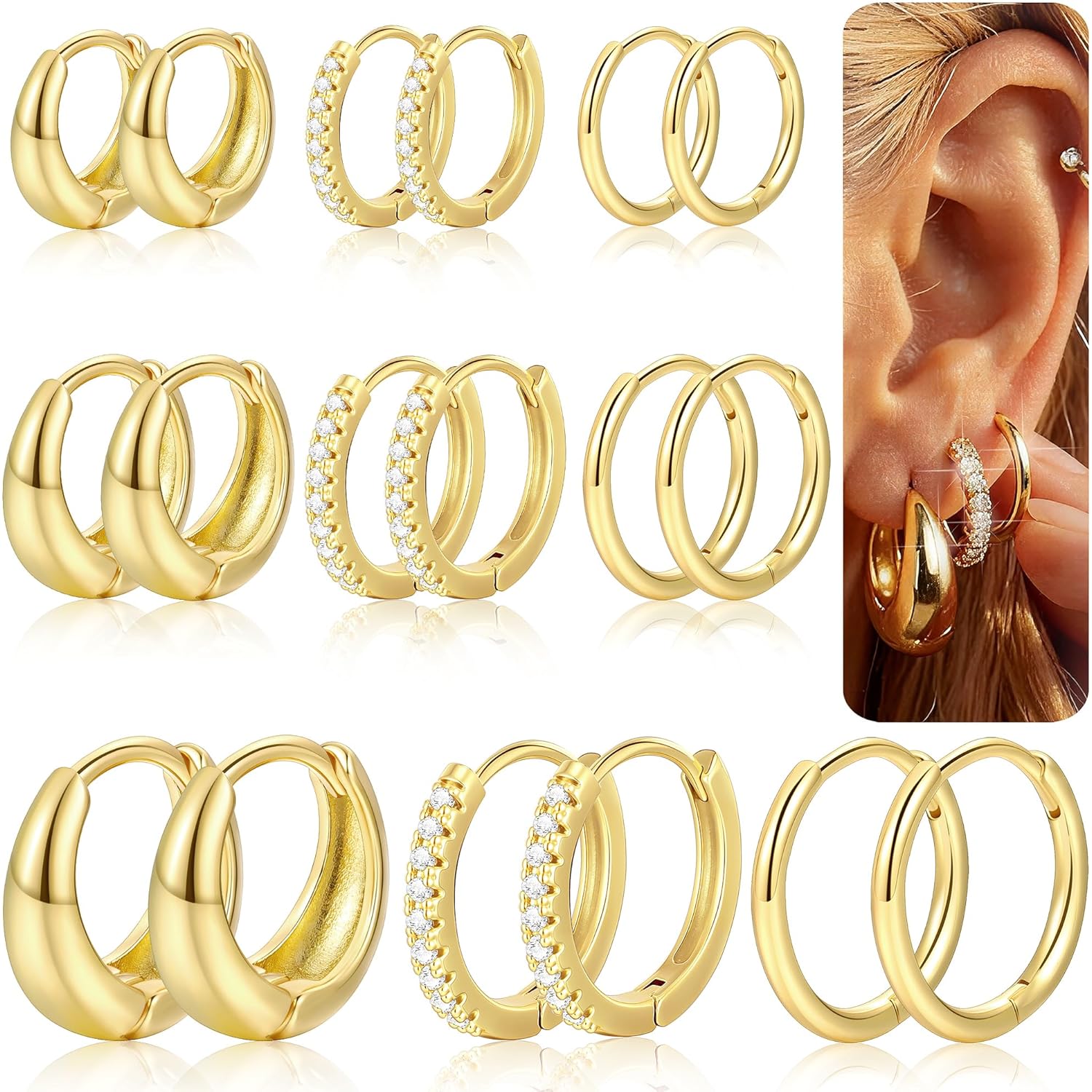 9 Pairs Gold Huggie Hoop Earrings Sets for Women, 14K Gold Plated Small Hoop Earring Sets for Multiple Piercing, Hypoallergenic Thick Lightweight Earring for Womens Jewelry Gifts