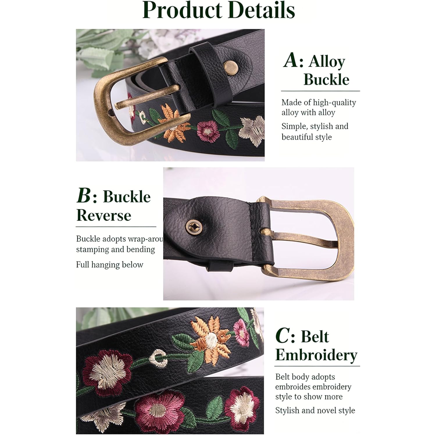 Utaly Women's Floral-Embroidered-Black-Leather-Belt - Vintage Boho Country Style Flower-Belts