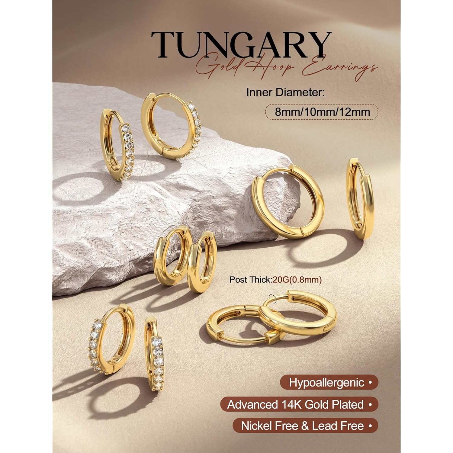 Tungary Small Gold Hoop Earrings for Women, Hypoallergenic Huggie Earrings for Sensitive Ears, Non Tarnish 14K Gold Plated Hoops for Sleeping/Daily, Cartilage Earring Stacks Set for Multiple Piercing