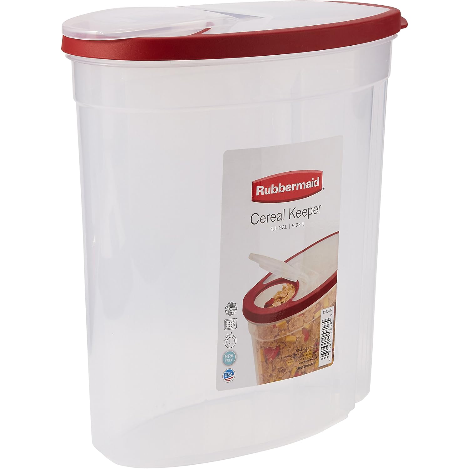 Rubbermaid Flex And Seal Cereal Keeper, 1.5 Gallon, Bpa-Free, Clear With Red Lid, Airtight