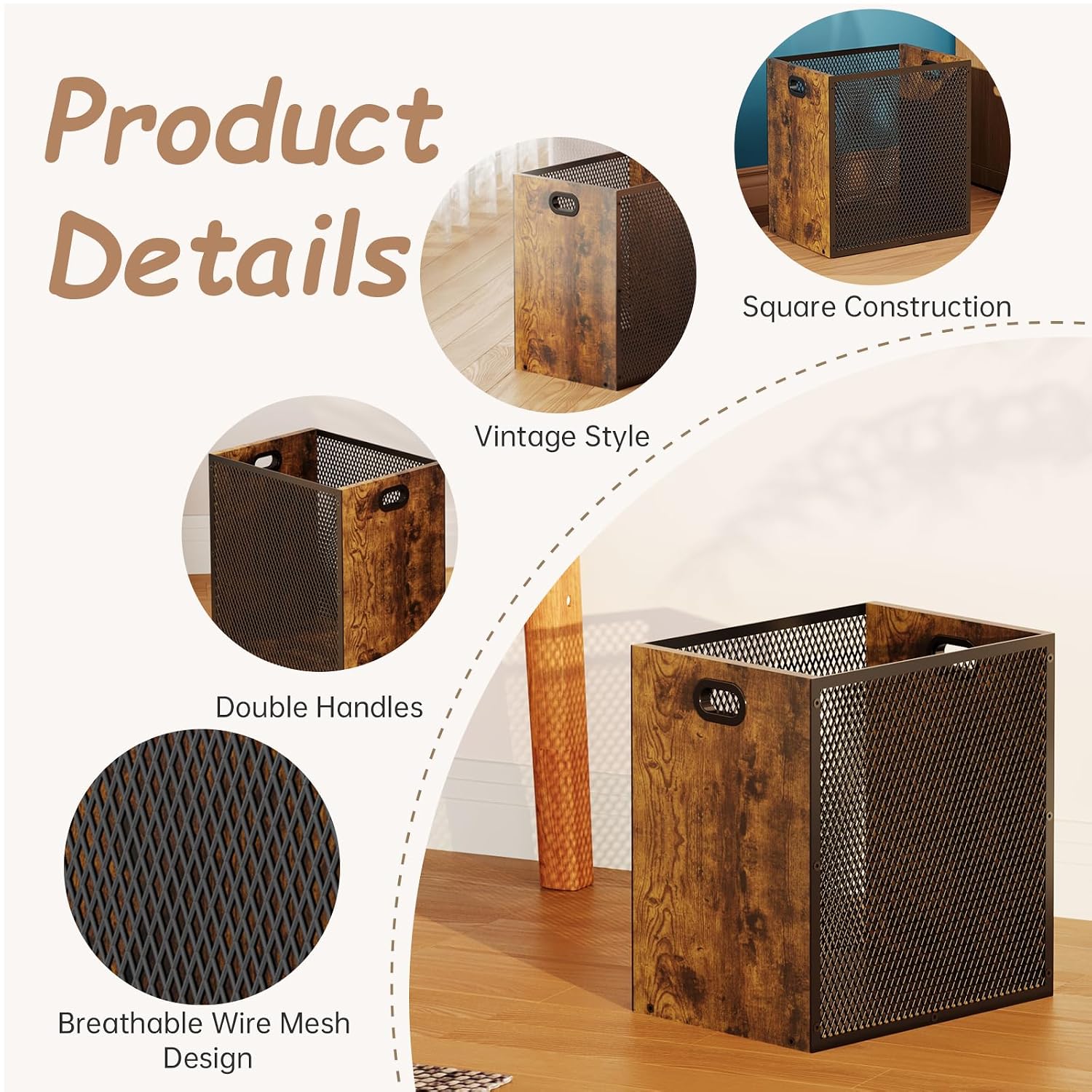 Huxitocan Retro Office Trash Can, Iron And Wood Combination Bedroom Garbage Can, Rectangular Design Wastebasket With Handle, Industrial Style Trash Can For Home Office, 4.5 Gallon (Patent Pending)