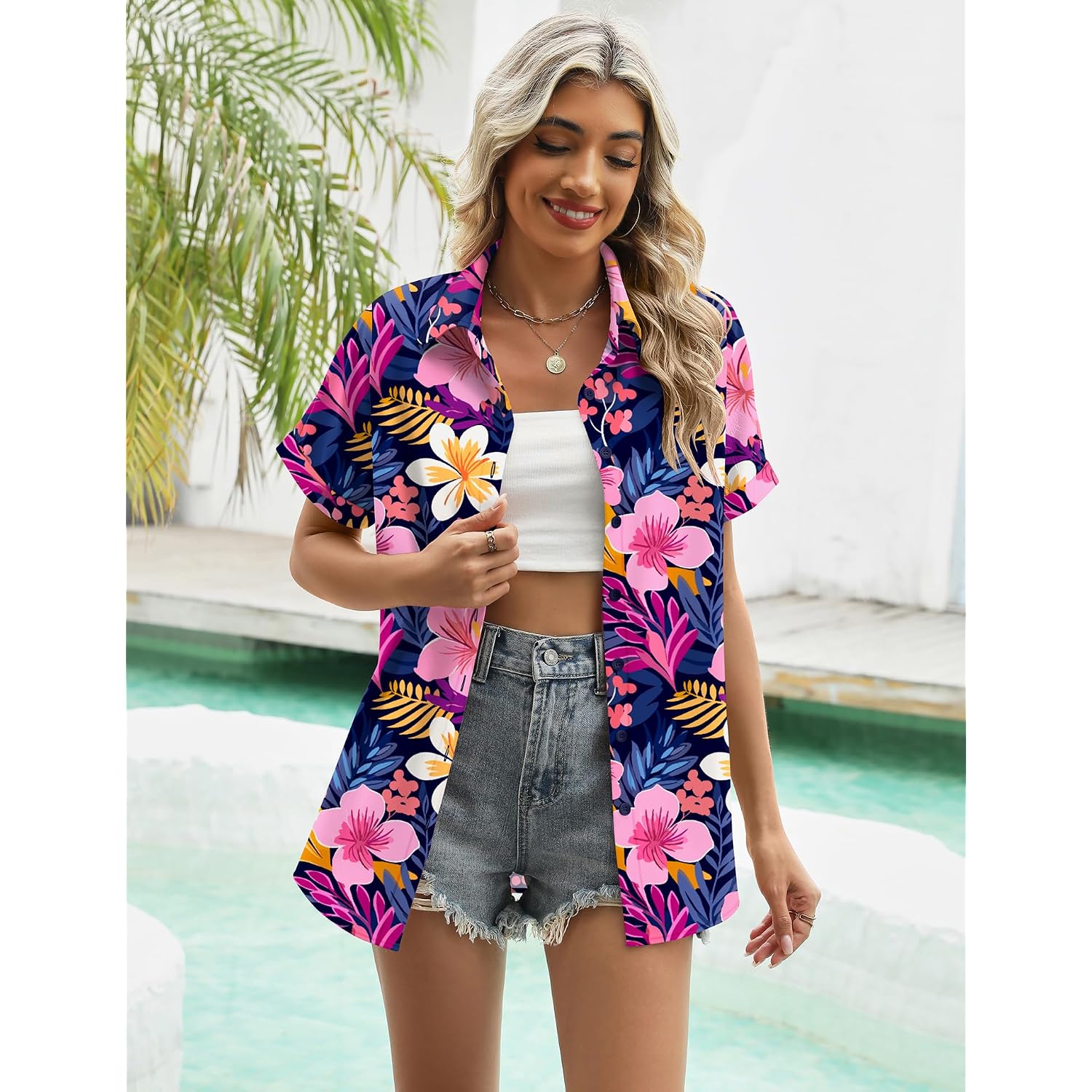 Lomon Women'S Summer Hawaiian Shirts Floral Short Sleeve Button Down Shirts Hawaii Tropical Beach Tops Outfits