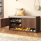Homefort 39.4" Fluted Shoe Storage Bench, Entryway Bench With Linen Seat Cushion, Shoe Cabinet Bench With Adjustable Shelf And Built-In Led Sensor Light, Bench For Bedroom End Of Bed,Walnut
