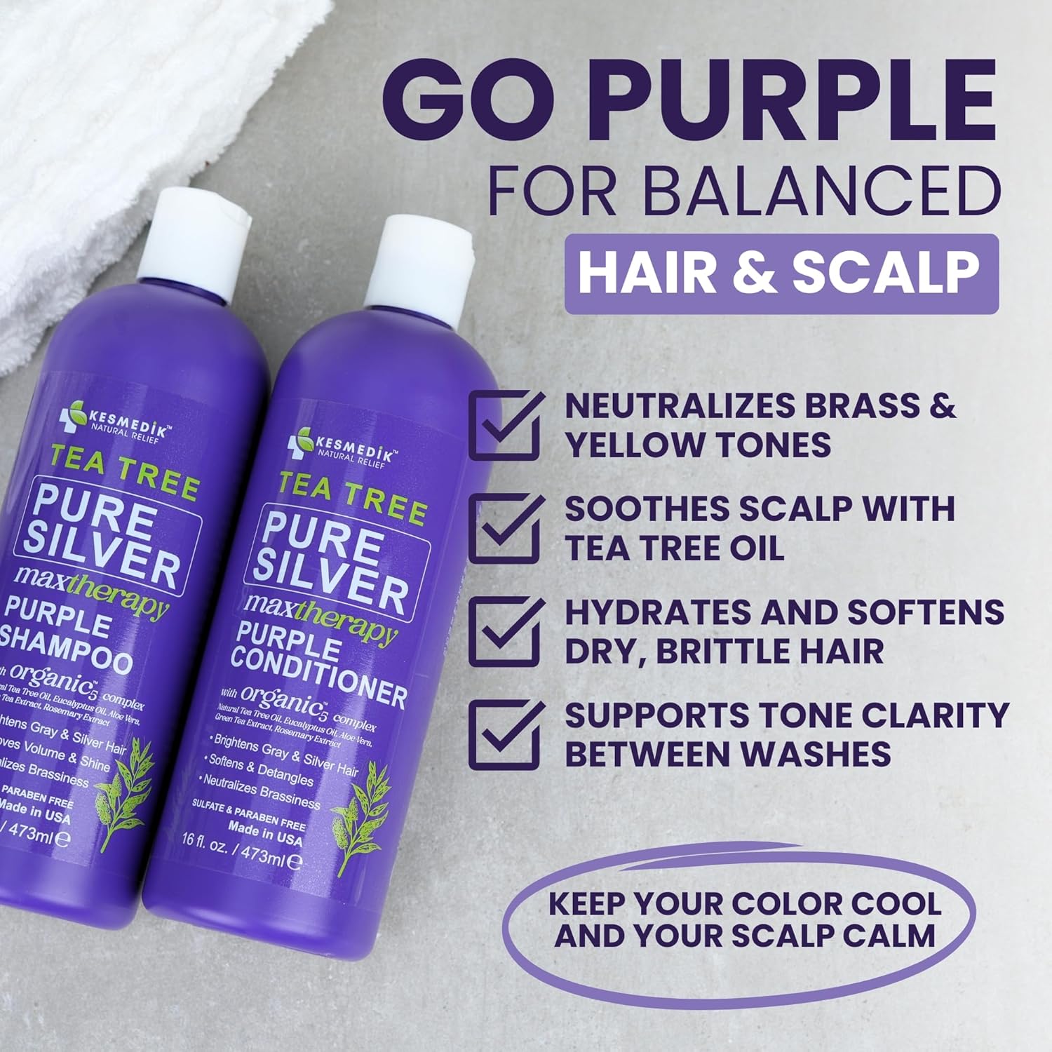 KESMEDIK Tea Tree Purple Shampoo & Conditioner Set with Rosemary & Aloe, Professional Anti Brass Toner, Removes Yellow Tones for Gray, Bleached, White & Blonde Hair, Refreshes Scalp, Sulfate-Free