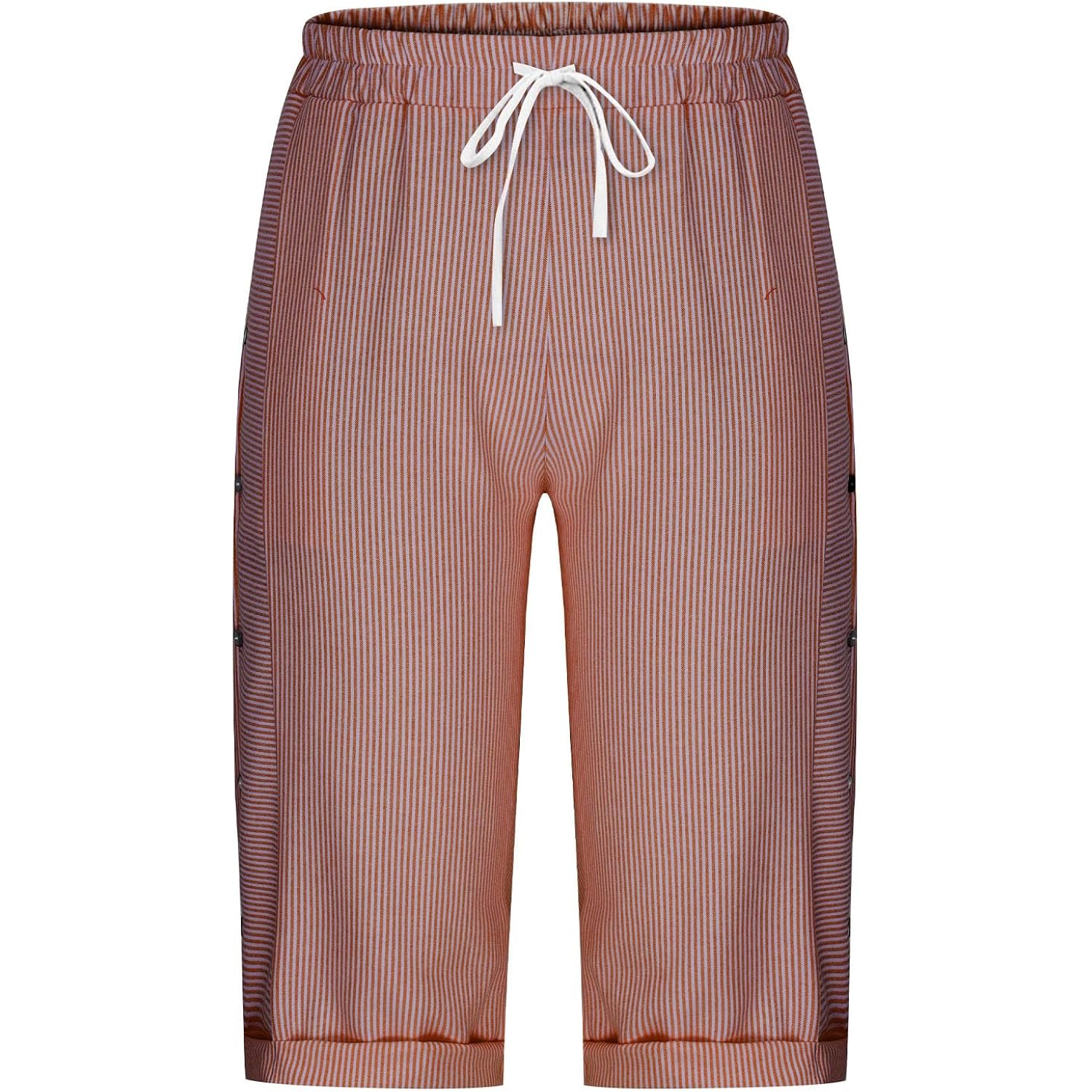 Womens Stripe Print Shorts Summer Knee-Length Casual Bermuda Shorts Lounge Shorts Elastic Waist Side Button Shorts