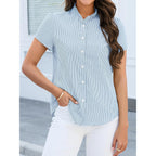 Funlingo Women'S Striped Button Down Shirts Summer Short Sleeve Tops Ruffle Collar Work Blouses Business Casual Outfits