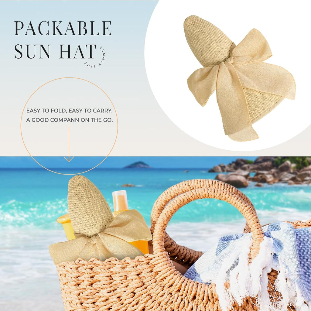 Beach Sun Straw Hats for Women, Wide Brim UPF 50+ UV Sun Protection Summer Straw Hat Packable Foldable Roll up Cap