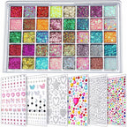 Fandamei Face Glitter Face Gems, 40 Colors Glitter Gel Palette With 6 Sheets Self Adhesive Hair Gems, Face Jewels For Women. Face Rhinestones Pearls For Women, Body Hair Glitter