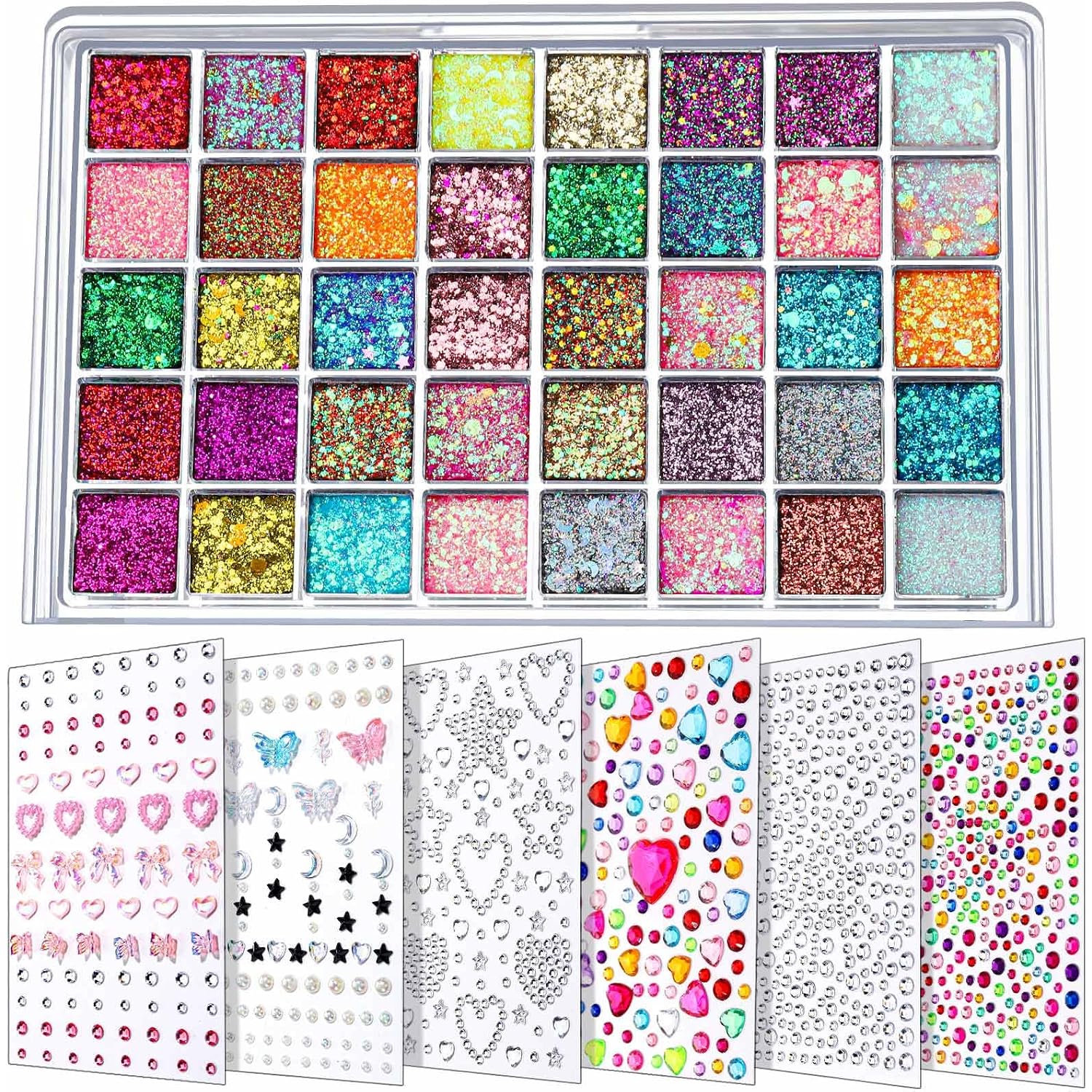 Fandamei Face Glitter Face Gems, 40 Colors Glitter Gel Palette With 6 Sheets Self Adhesive Hair Gems, Face Jewels For Women. Face Rhinestones Pearls For Women, Body Hair Glitter
