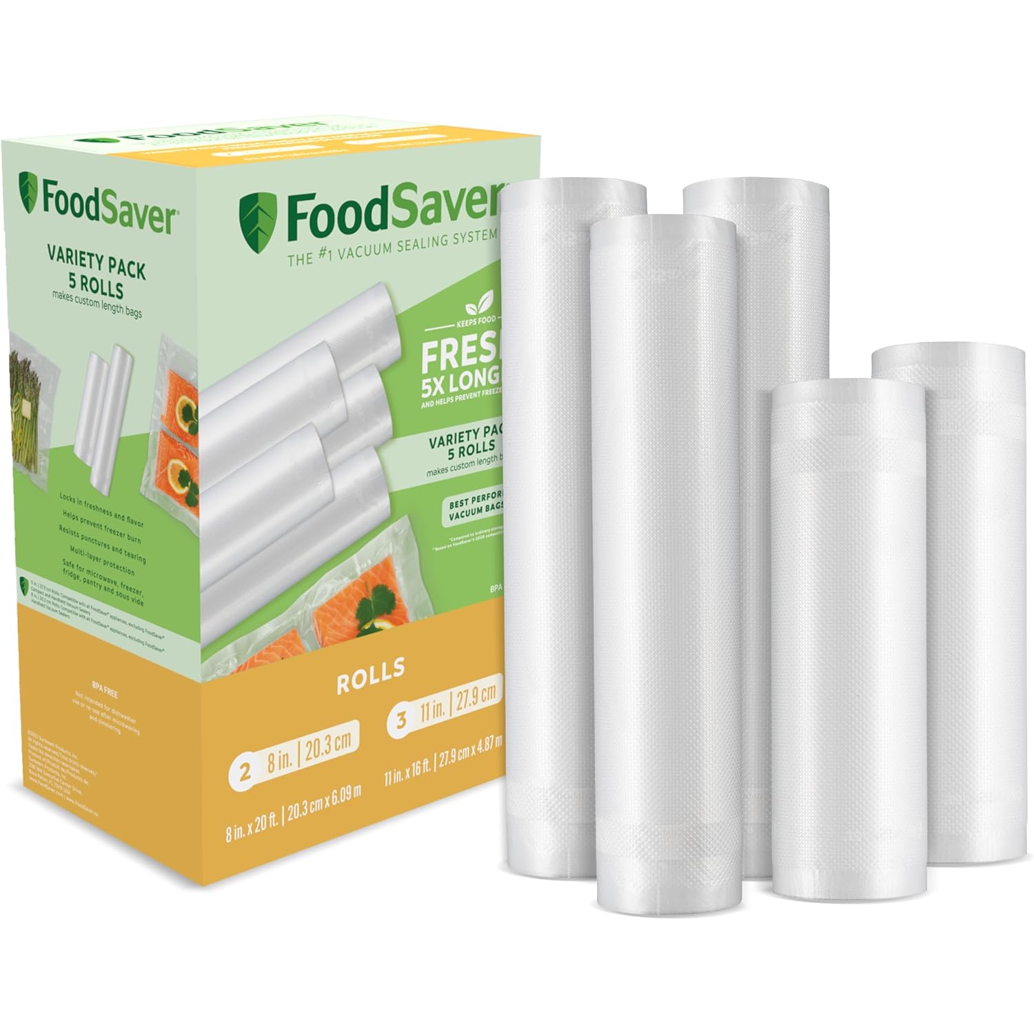Foodsaver Custom Length Vacuum Sealer Bags Multipack, 5 Count Rolls For Airtight Food Storage And Sous Vide - Compatible With Foodsaver, 8 (2 Pack) And 11 (3 Pack)