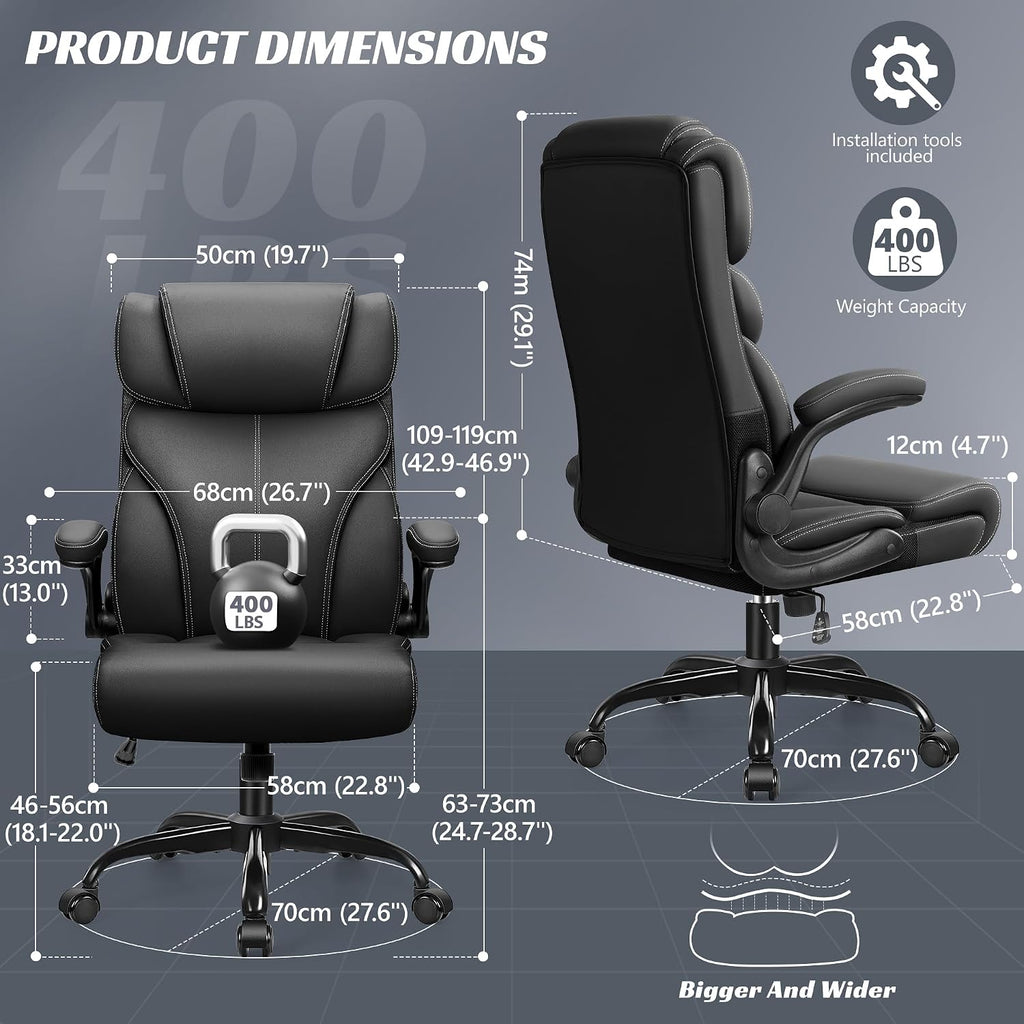 Office Chair, Ergonomic Big And Tall Computer Desk Chairs, Executive Breathable Leather Chair With Adjustable Flip-Up Armrests, Lumbar Support Swivel Pc Chair With Rocking Function,Matte Black