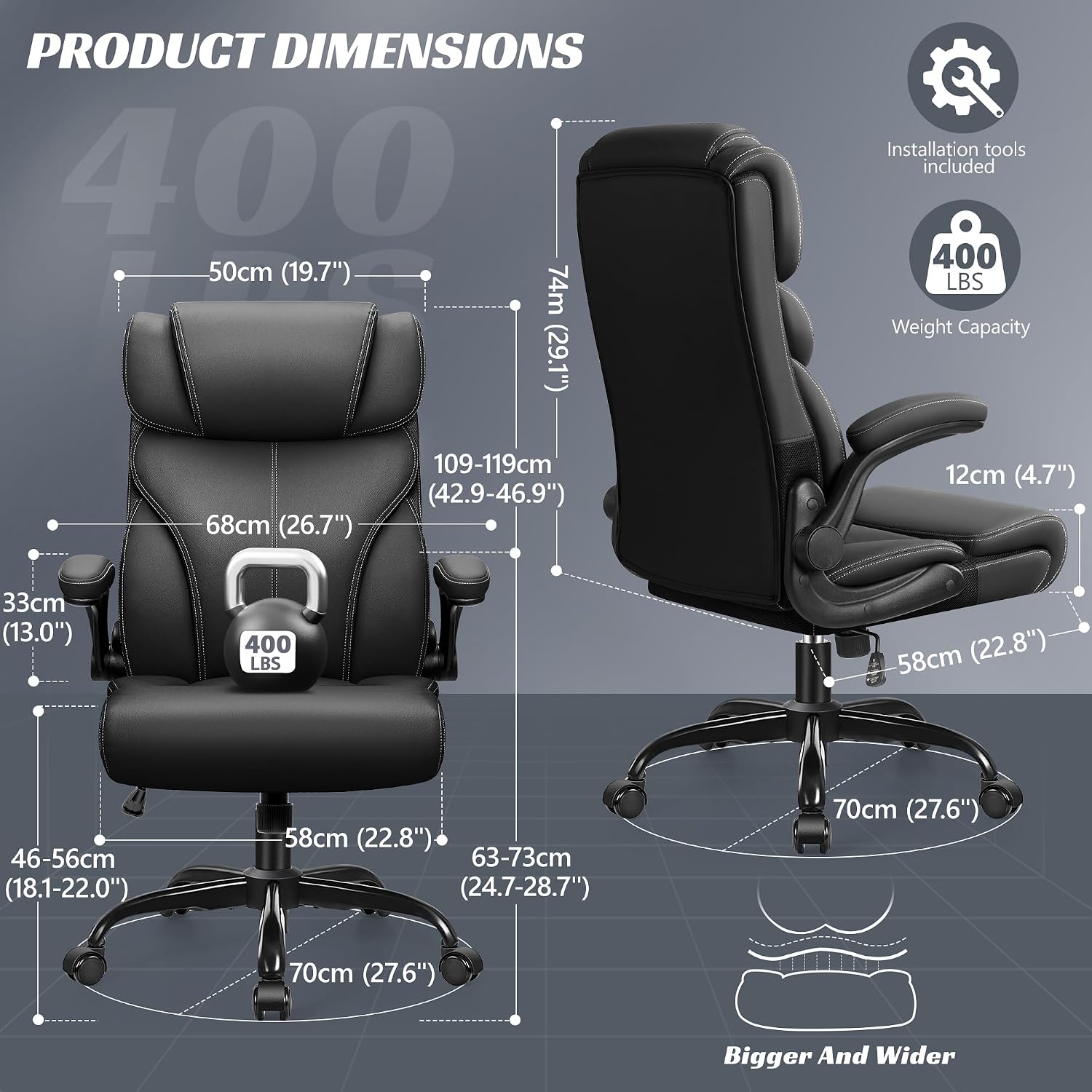 Office Chair, Ergonomic Big And Tall Computer Desk Chairs, Executive Breathable Leather Chair With Adjustable Flip-Up Armrests, Lumbar Support Swivel Pc Chair With Rocking Function,Matte Black