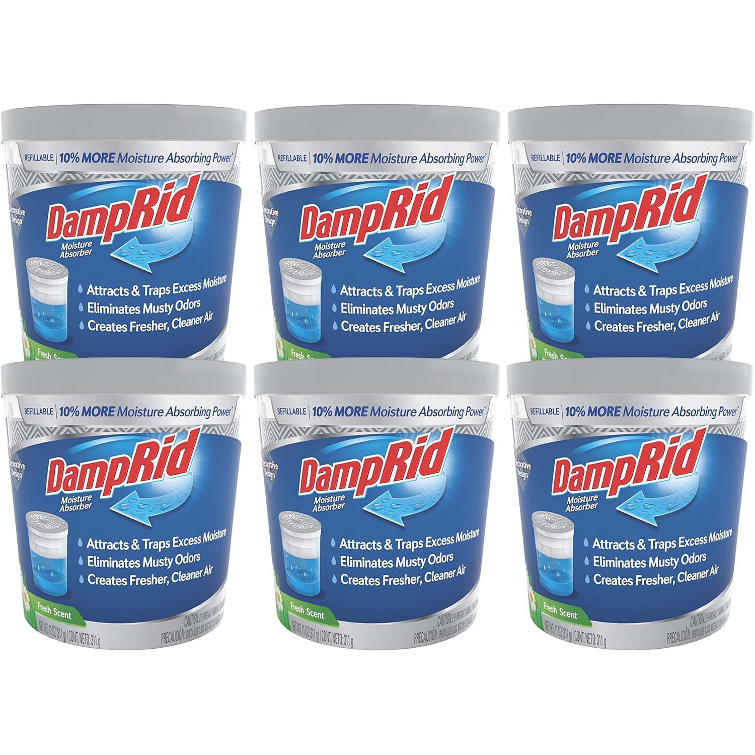 Damprid Refillable Moisture Absorber, 11 Oz., 6-Pack - Fresh Scent Moisture Absorbers, 10% More Absorbing Power*, Eliminates Musty Odors For Fresher, Cleaner Air