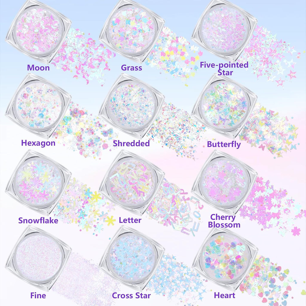 Teenitor Body Glitter With Face Gems Stickers Set, 12 Pots Iridescent White Face Glitter Hair Glitter Gel & 4 Sheets Hair Jewelry For Kids Makeup, Hair Gems & Pearls Mermaid Accessories For Rave