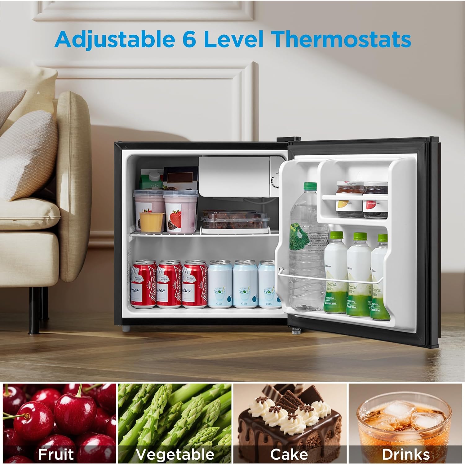 Midea Whs-65Lb1 Mini Fridge, 1.6 Cu.Ft Energy Star Certified Mini Refrigerator, Adjustable Thermostat, Reversible Door, Low Noise For Dorm, Office, Bedroom, Black