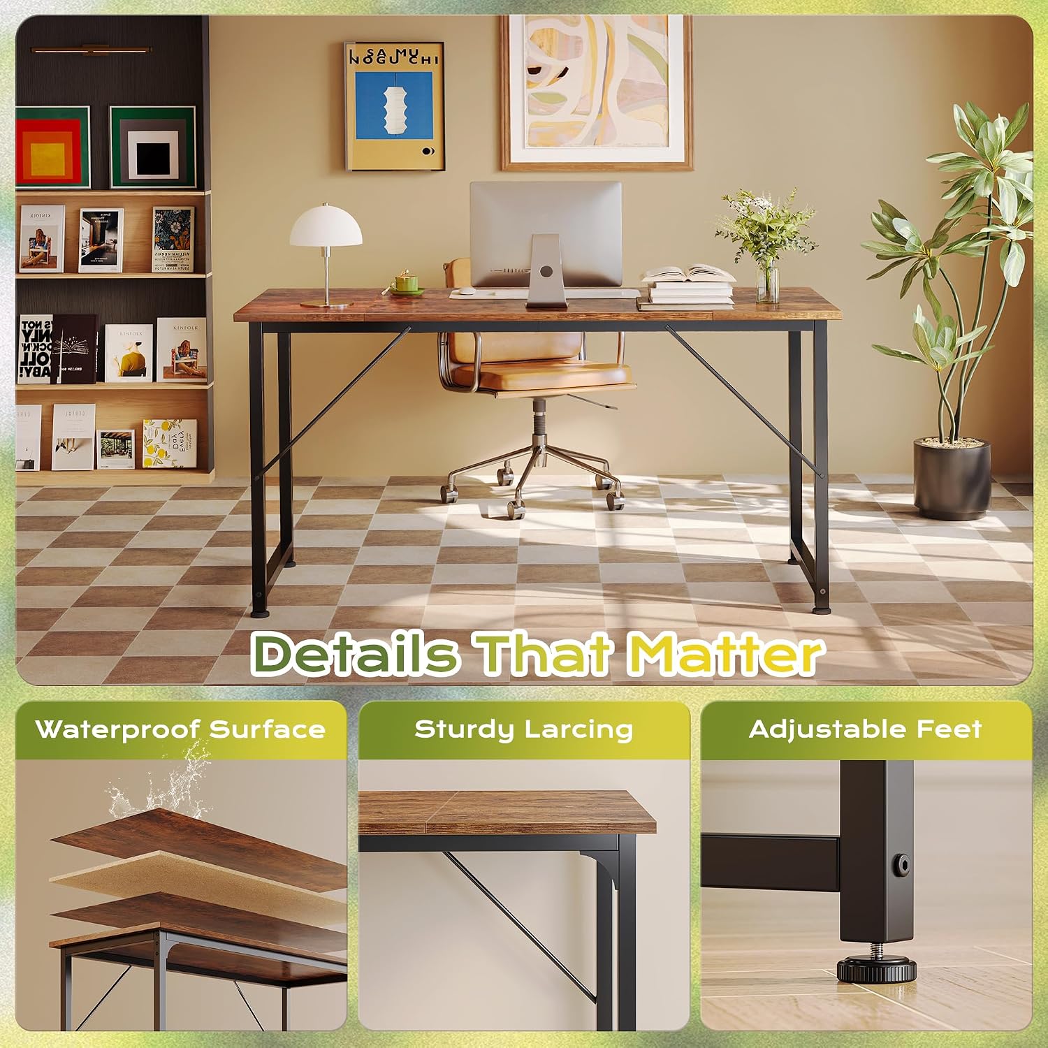 55 Inch Computer Desk, Home Office Desk With Spacious Desktop, Rustic Brown