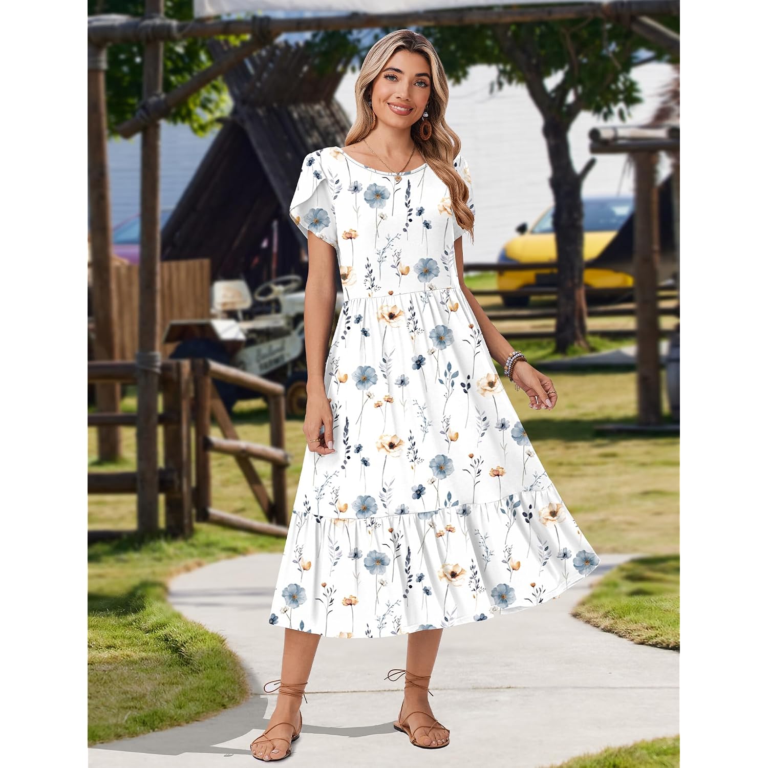 Zeagoo Women Summer Midi A Line Dress Short Sleeve Casual Flowy Tiered Beach Long Sundress With Pockets 2026 Vacation Travel