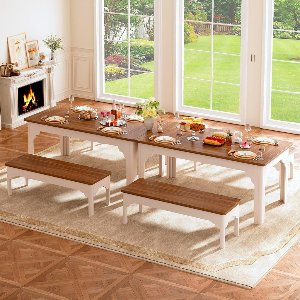 63" Farmhouse Dining Table Set For 4-6, Kitchen Table With 2 Benches, Space Saving 3-Piece Rectangle Wooden Dinette Table Set For Dining Room, Breakfast Nook, Small Space, Brown & White