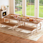 63" Farmhouse Dining Table Set For 4-6, Kitchen Table With 2 Benches, Space Saving 3-Piece Rectangle Wooden Dinette Table Set For Dining Room, Breakfast Nook, Small Space, Brown & White