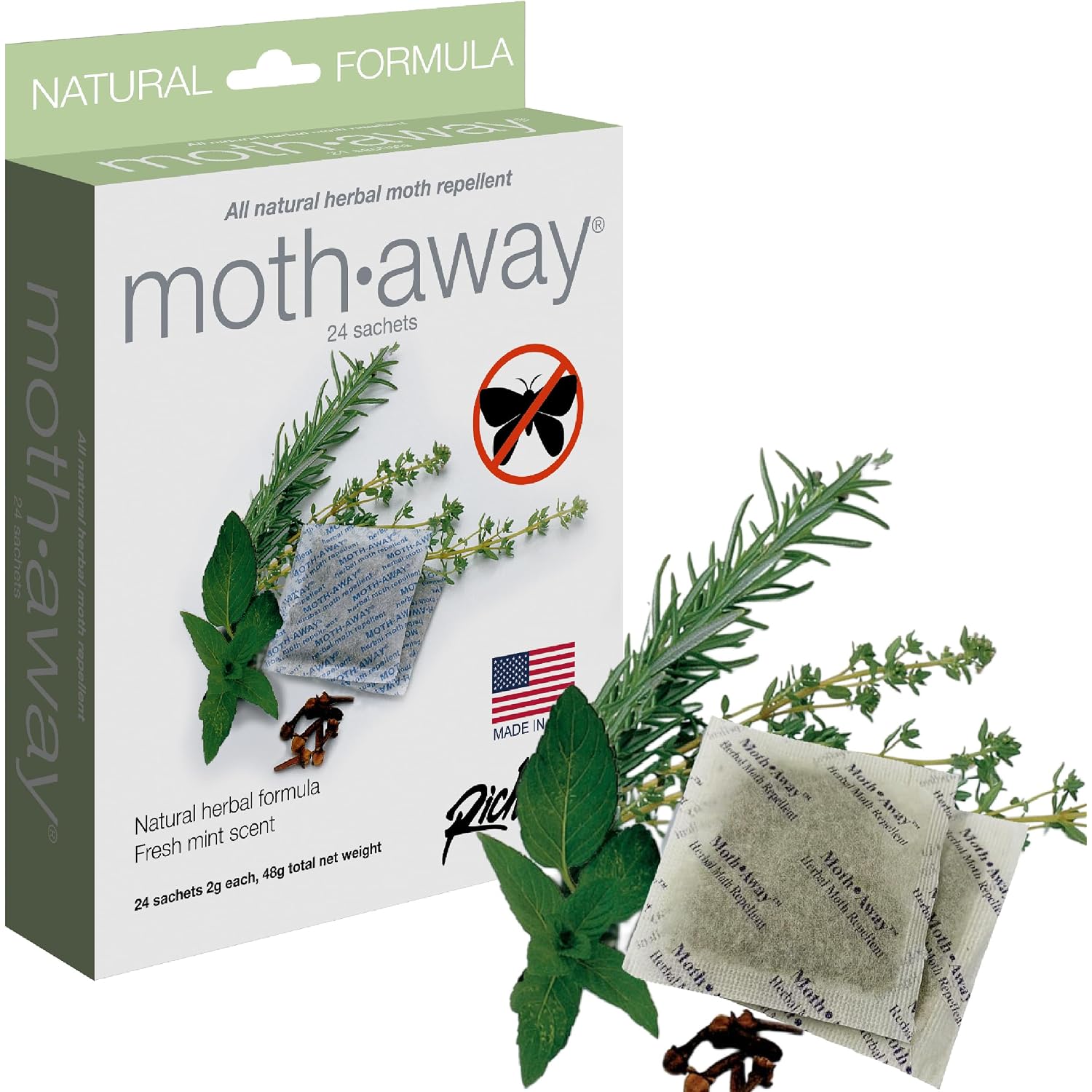 Richards Homewares Moth Away Sachets – 24-Pack Natural Herbal Moth Repellent, Non-Toxic & Chemical-Free, Fresh Scent For Drawers, Closets & Storage Bins – Made In Usa