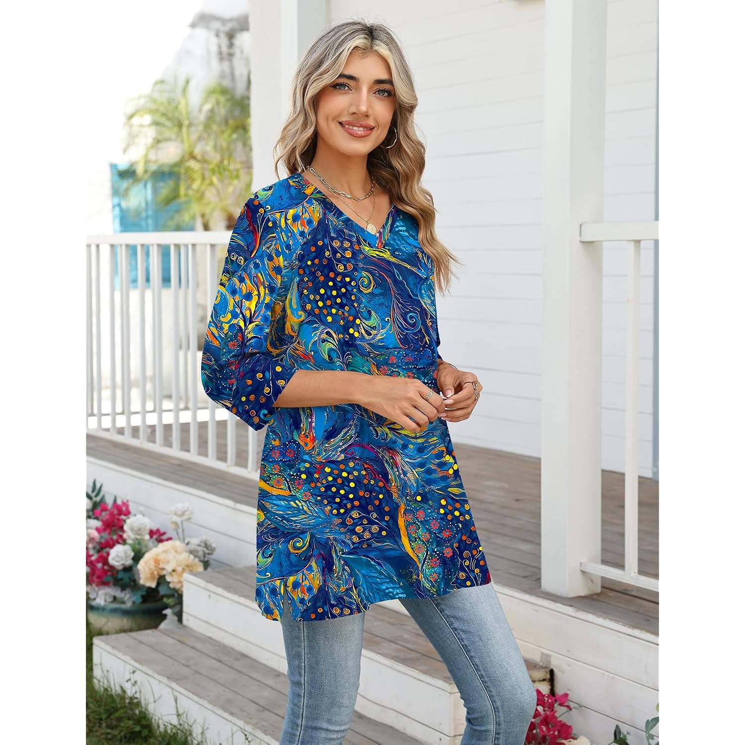 3/4 Length Sleeve Cotton Linen Womens Tops V Neck Loose Fit Dressy Casual Blouse Flowy Shirts Womens Clothing