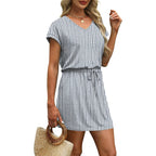 Ofeefan Summer Dresses For Women 2026 V Neck T Shirt Casual Mini Dresses Tie Waist Sundresses With Pockets