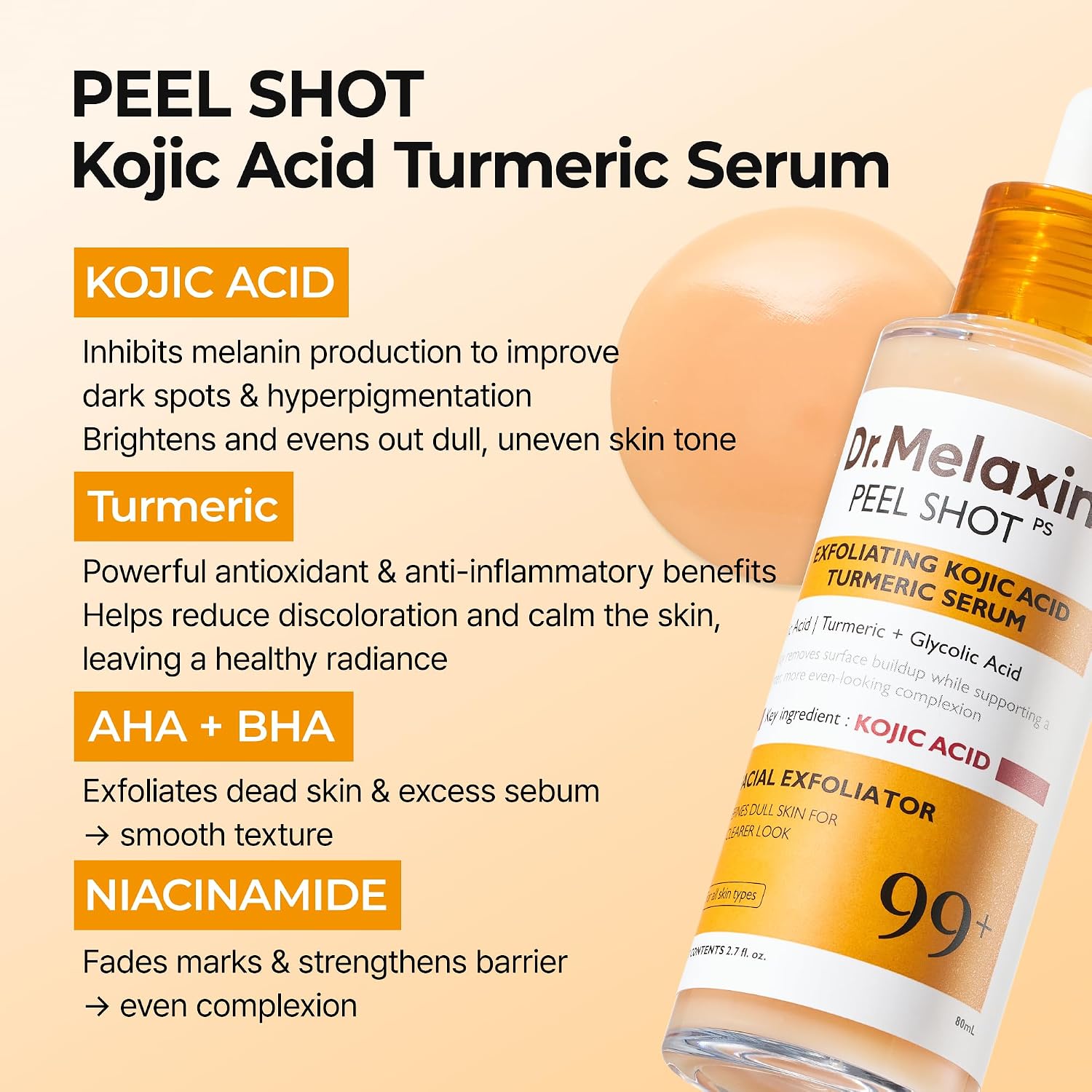 Dr. Melaxin Peel Shot Kojic Acid Turmeric Serum – Exfoliating Dark Spot Corrector With Aha/Bha & Niacinamide, Brightening & Even Tone Facial Serum (80Ml / 2.70 Fl Oz)