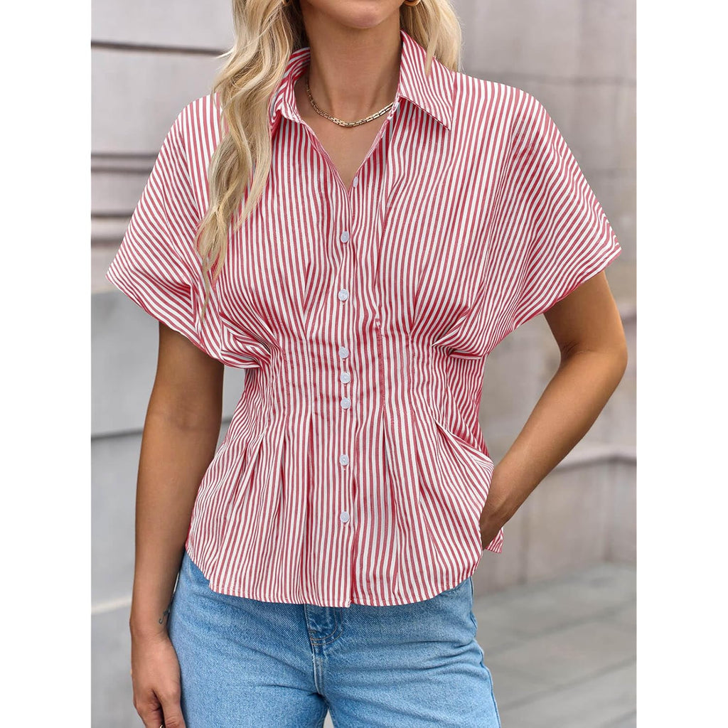 Womens Striped Peplum Button Down Shirts Short Sleeve Pleated Tops Summer Business Casual Blouses