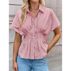 Womens Striped Peplum Button Down Shirts Short Sleeve Pleated Tops Summer Business Casual Blouses