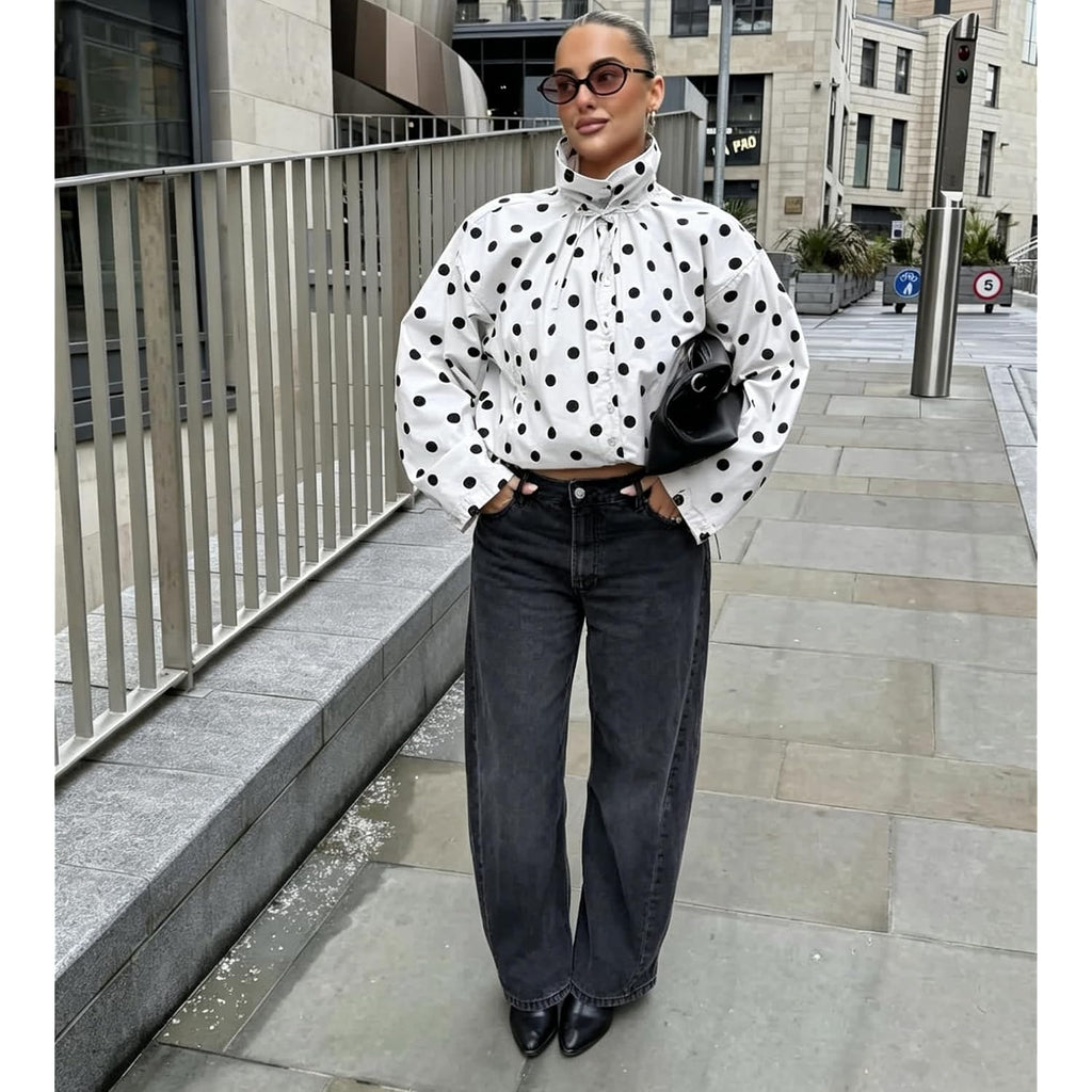 Colorful World Womens Polka Dot Jacket Drawstring Hem Button Front Cropped Lightweight Jacket Relaxed Fit Coat With Pockets