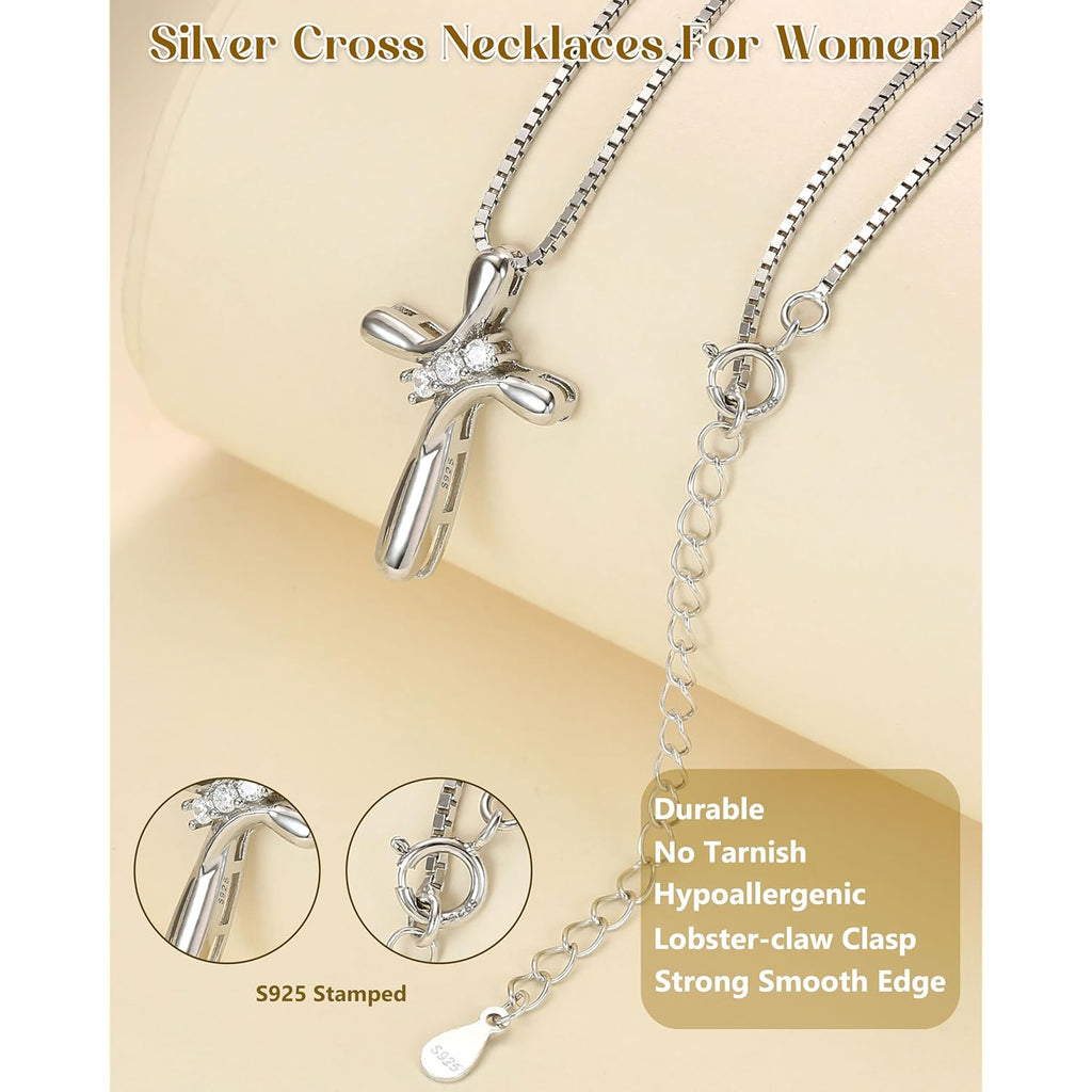 FUNRUN JEWELRY 925 Sterling Silver Cross Necklace for Women 3 Stone Cubic Zirconia Silver Cross Pendant Necklaces with 1 MM Box Chain,18 Inches