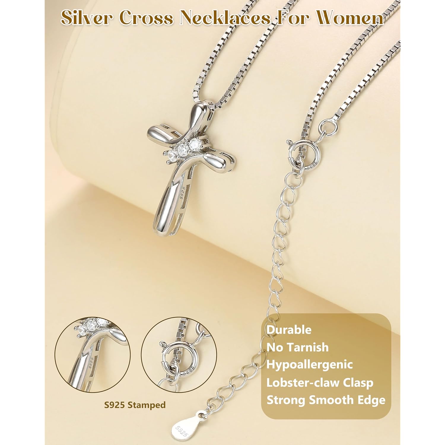 FUNRUN JEWELRY 925 Sterling Silver Cross Necklace for Women 3 Stone Cubic Zirconia Silver Cross Pendant Necklaces with 1 MM Box Chain,18 Inches