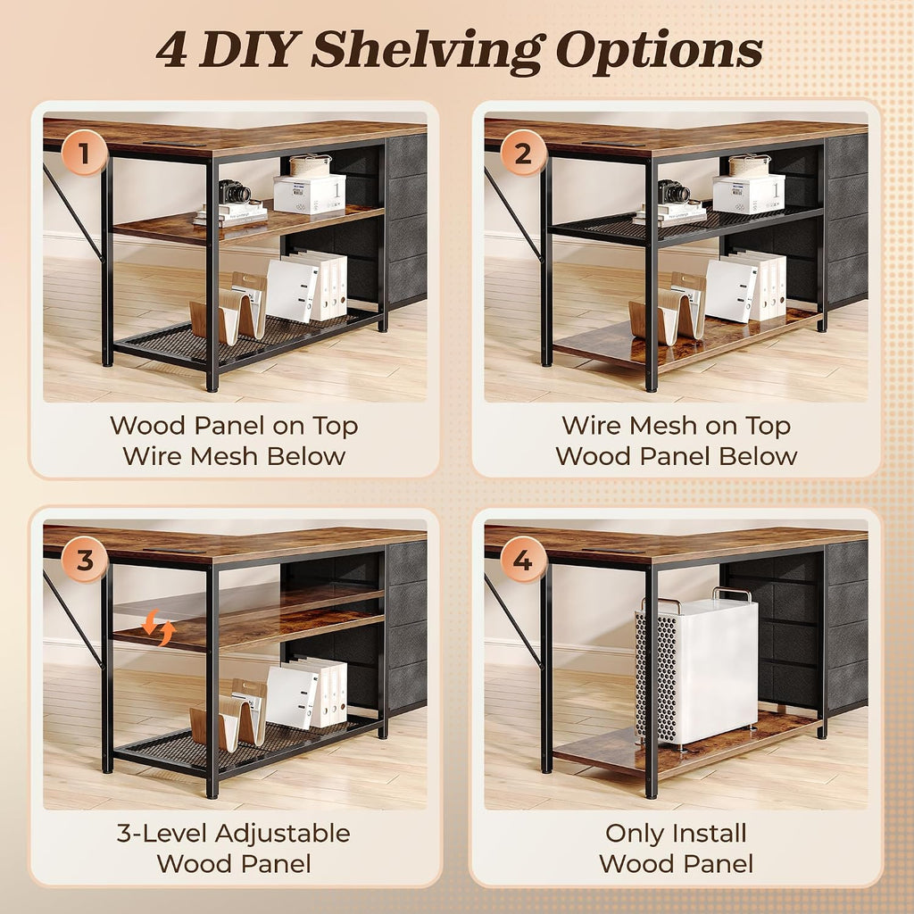 61" L Shaped Desk With Power Outlets & Usb-C Port, Reversible Computer Corner Office Desk With 4 Fabric Drawers And 2 Storage Shelves, Large Desk For Gaming Writing Study, Rustic Brown