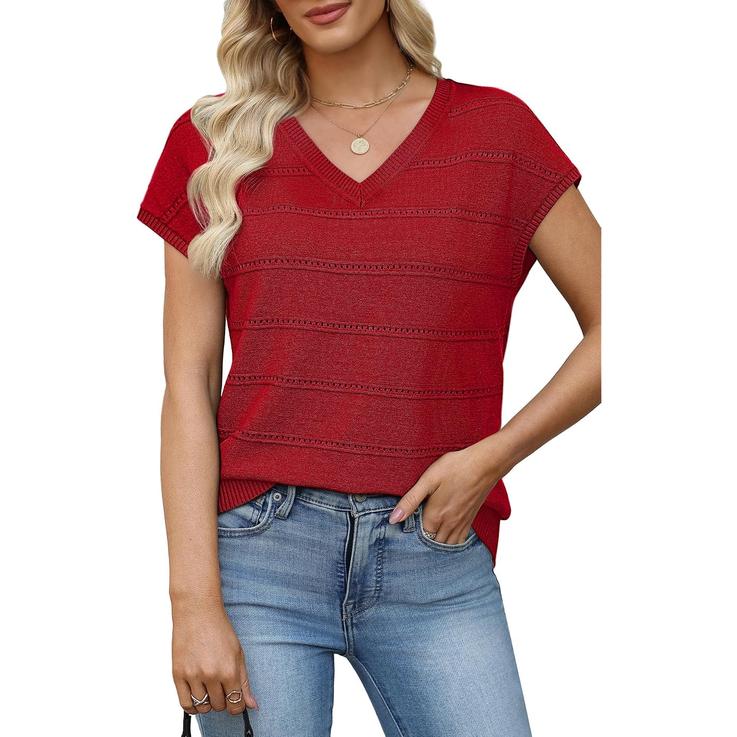 Wiholl Short Sleeve Sweater For Women V Neck Trendy Summer Tops 2026 Spring Fashion Clothing Business Casual Outfits