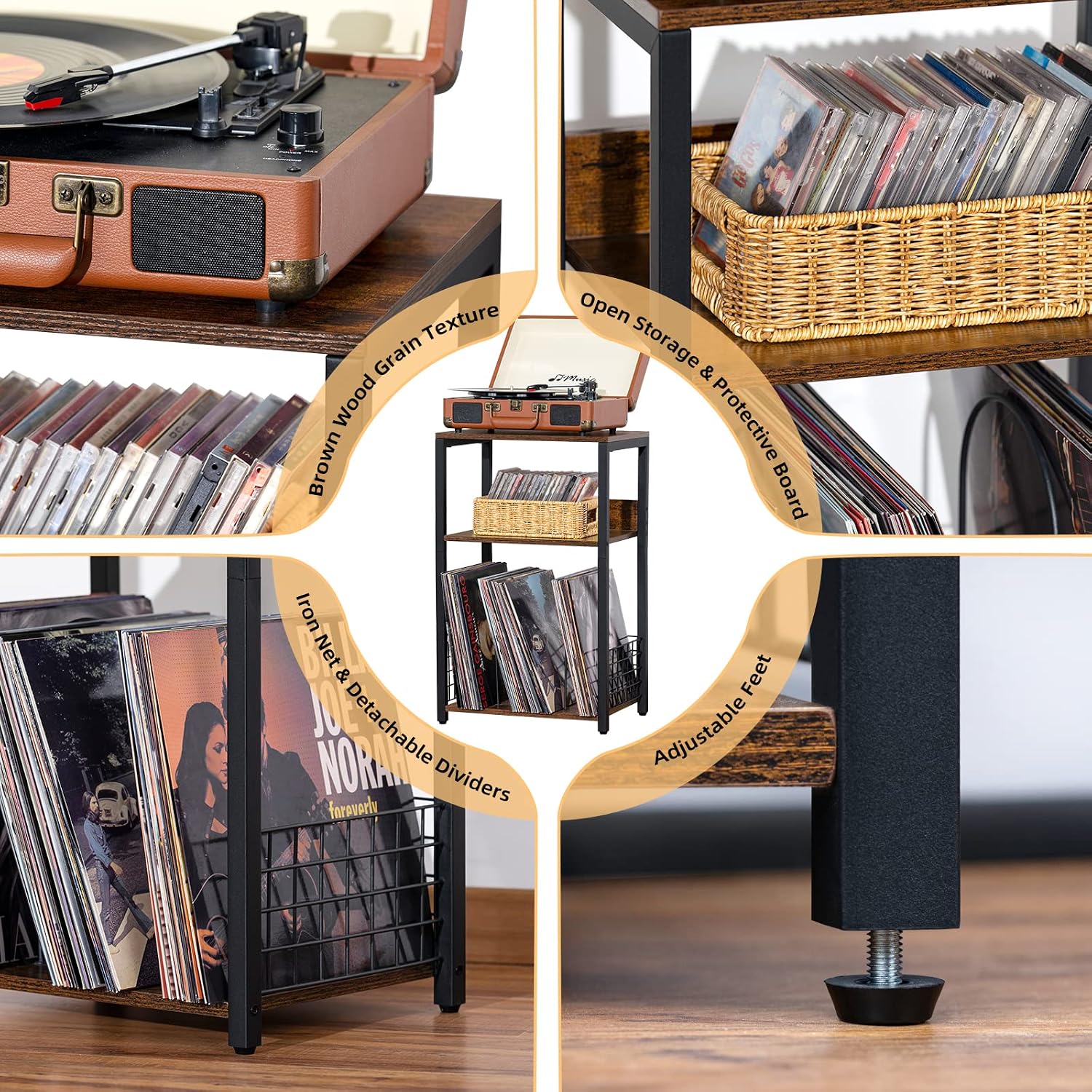 3 Tier End Table,Record Player Stand With Storage Up To 100 Albums,Turntable Stand For Vinyl,Brown Records Shelf For Living Room Bedroom