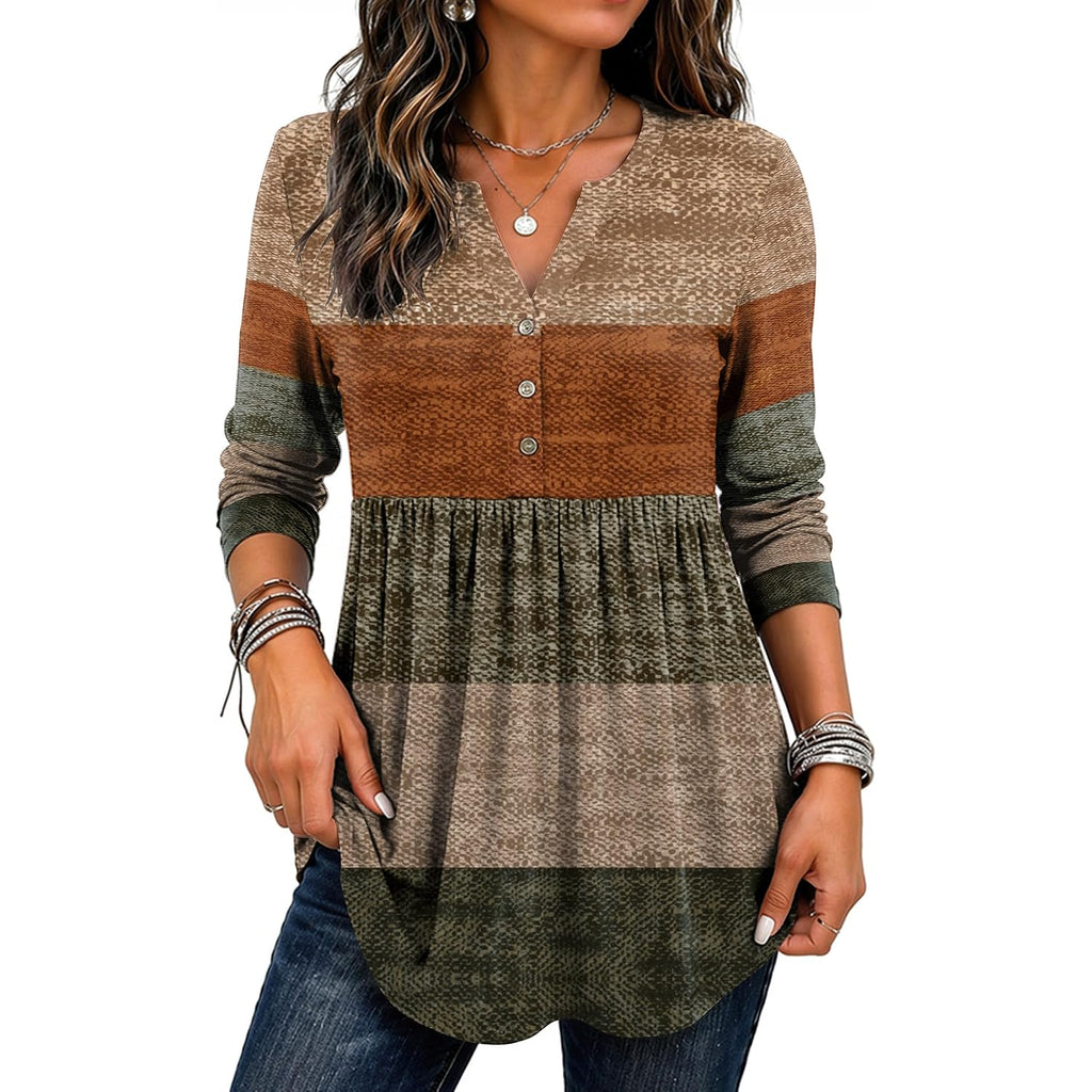 Zeagoo Women Blouses Long Sleeve Shirts Boho Henley V Neck Tops Business Casual Loose Pleated Fashion Clothing