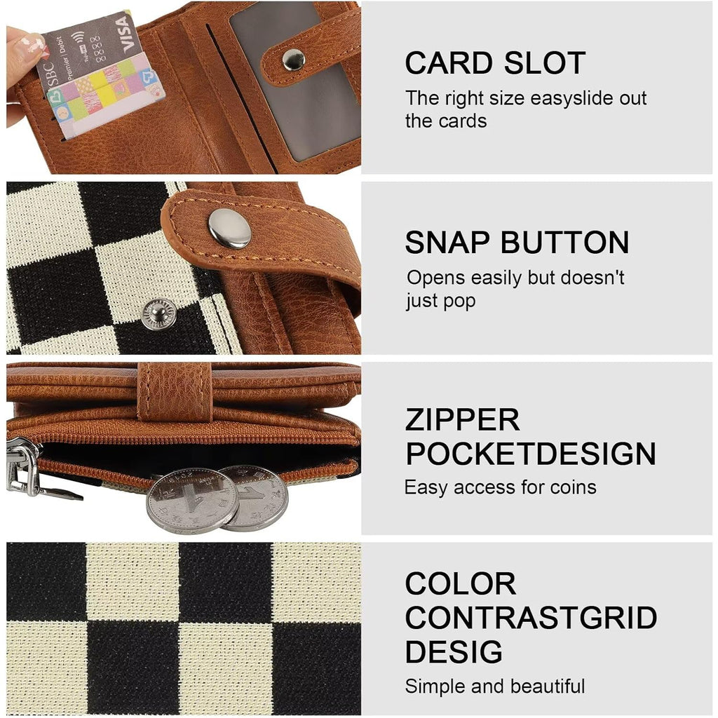 Small Checkered Wallet For Women,Rfid Blocking Pu Leather Bifold Wallet,Cute Compact Credit Card Holder Purse With 8 Card Slots,Id Window And Coin Pocket(Brown)