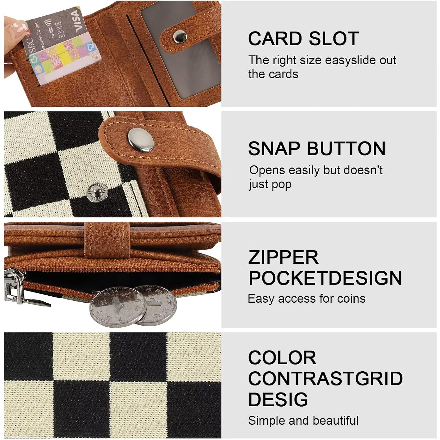 Small Checkered Wallet For Women,Rfid Blocking Pu Leather Bifold Wallet,Cute Compact Credit Card Holder Purse With 8 Card Slots,Id Window And Coin Pocket(Brown)
