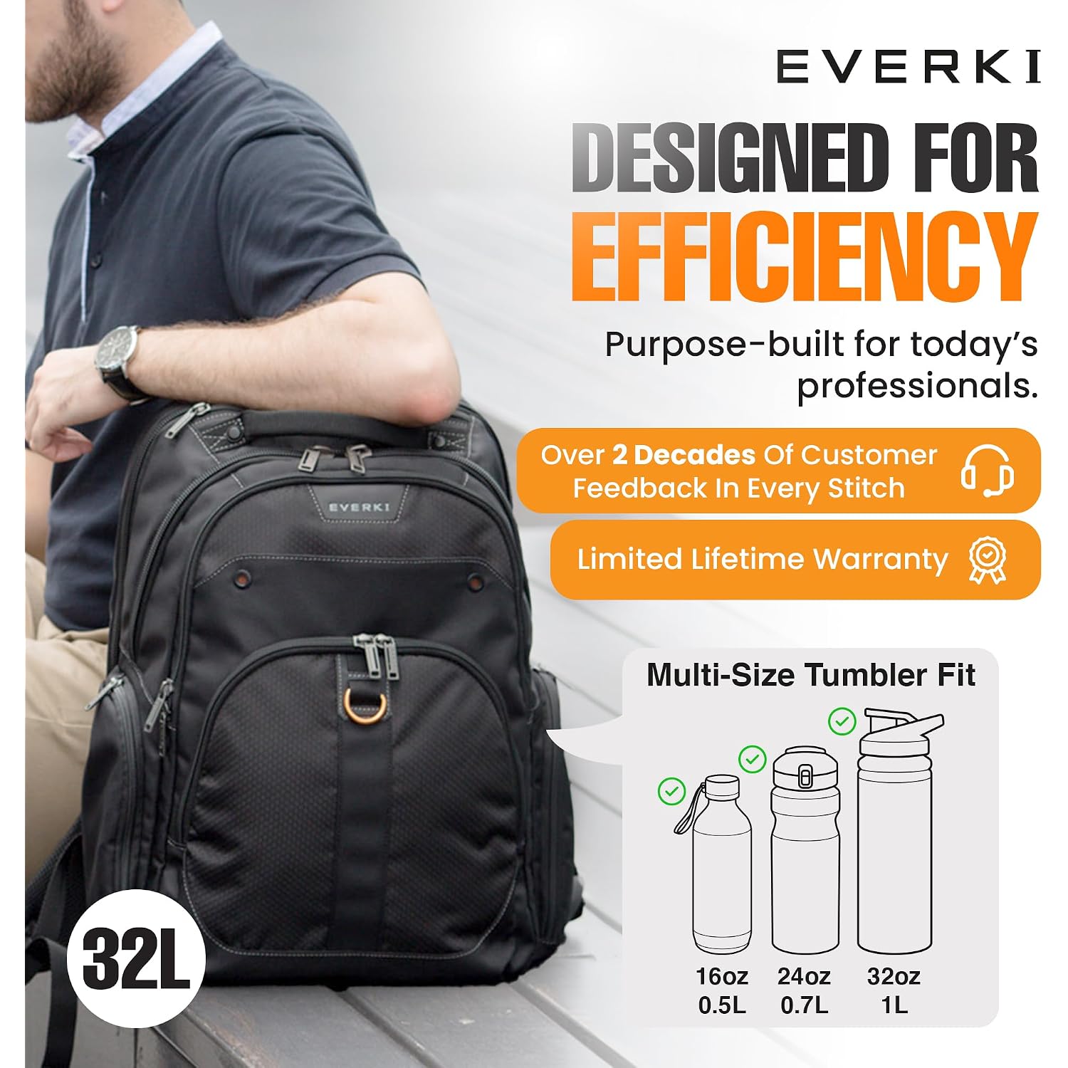 Everki Atlas Business 32L Laptop Backpack – Travel-Friendly Business & Office, Professional Backpack For Men & Women, Durable Computer Bag With Adjustable Padded Compartment, Fits 13"-17.3", Black