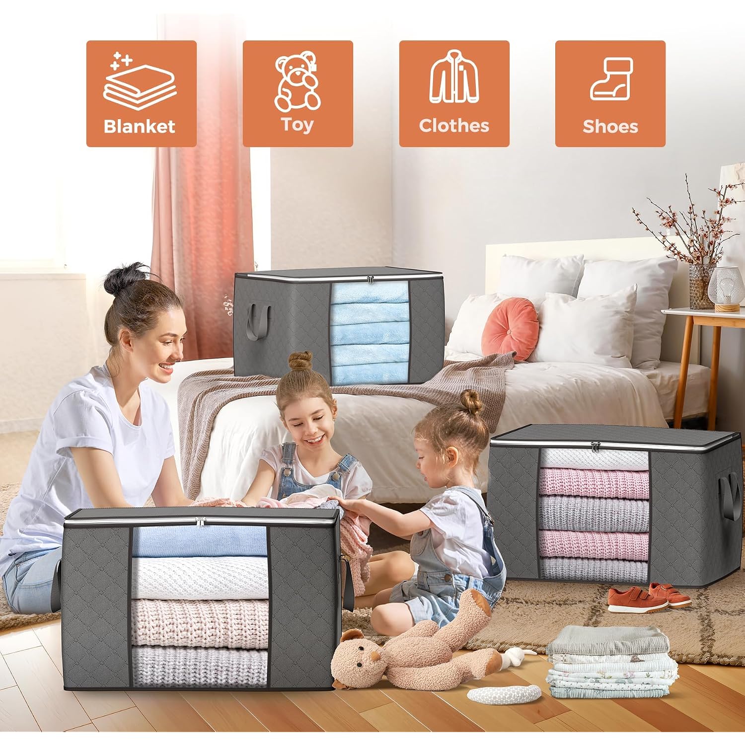 90L Large Storage Bags, 6 Pack Clothes Storage Bins Closet Organizers | Foldable Storage Containers, With Reinforced Handle, For Clothing, Blanket, Comforters, Bed Sheets, Pillows And Toys,Gray